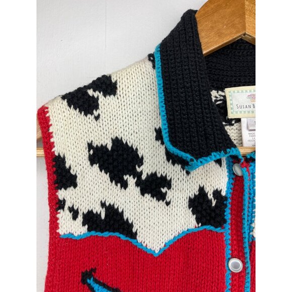 Vintage Susan Bristol Hand Knit Western Vest Red Cow Print Cowboy Womens Medium - Picture 4 of 9